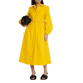 Yellow A-shape Custom New Fashion Long Sleeve Formal Elegant Women Vintage Maxi Cotton Shirt Dress