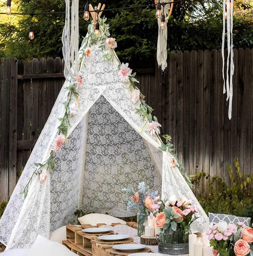 Tienda de campaña de encaje de lujo Teepee para boda, fiesta, foto Prop postes de madera dosel de encaje carpa para niños para interiores y exteriores