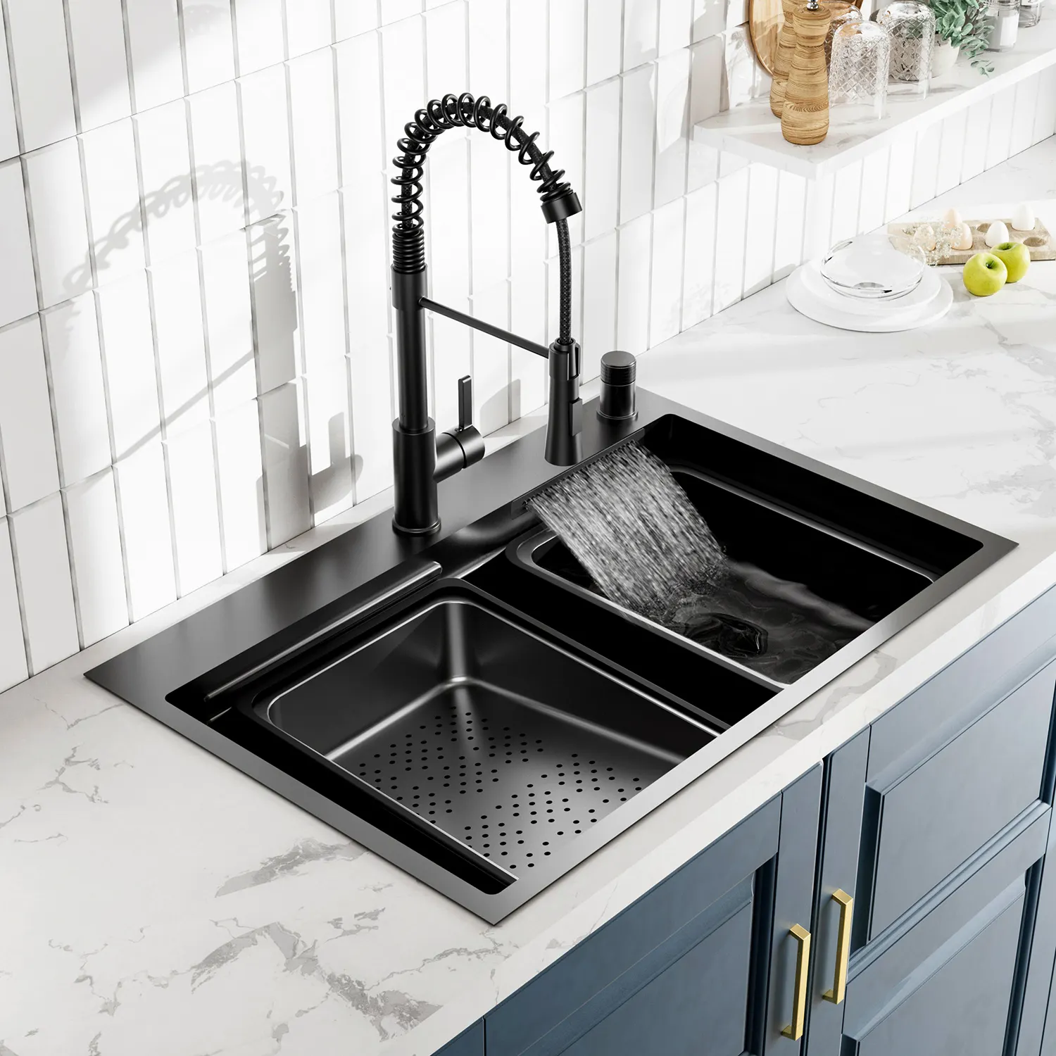 Multifunction 304 stainless steel kitchen sink faucet black waterfall rainfall kitchen sink set
