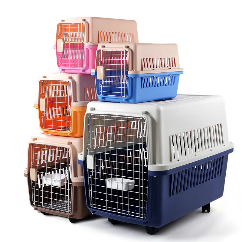 Vassoio per il trasporto aereo all'ingrosso scatola per gatti in plastica cuccia grande di lusso su ruota gabbia per trasportino da viaggio per animali domestici nera gabbia per cani alta e pesante