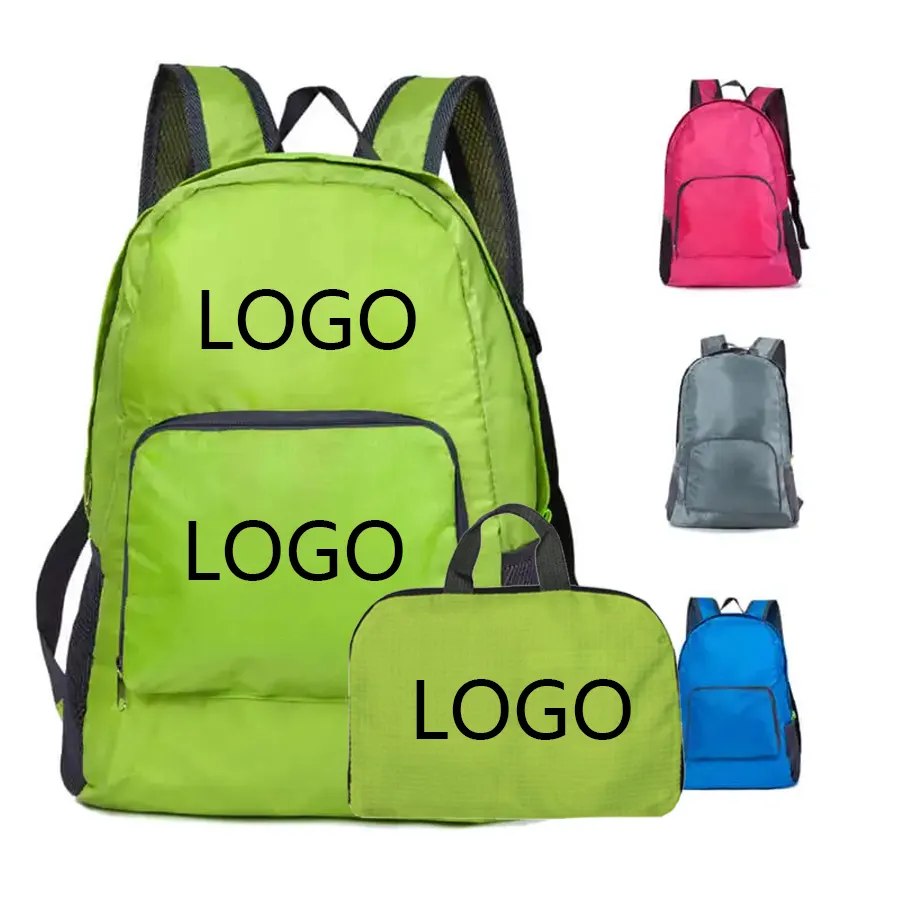 Mochila de viaje de nailon ligera con estampado promocional, mochila de senderismo, impermeable, plegable, con logotipo personalizado