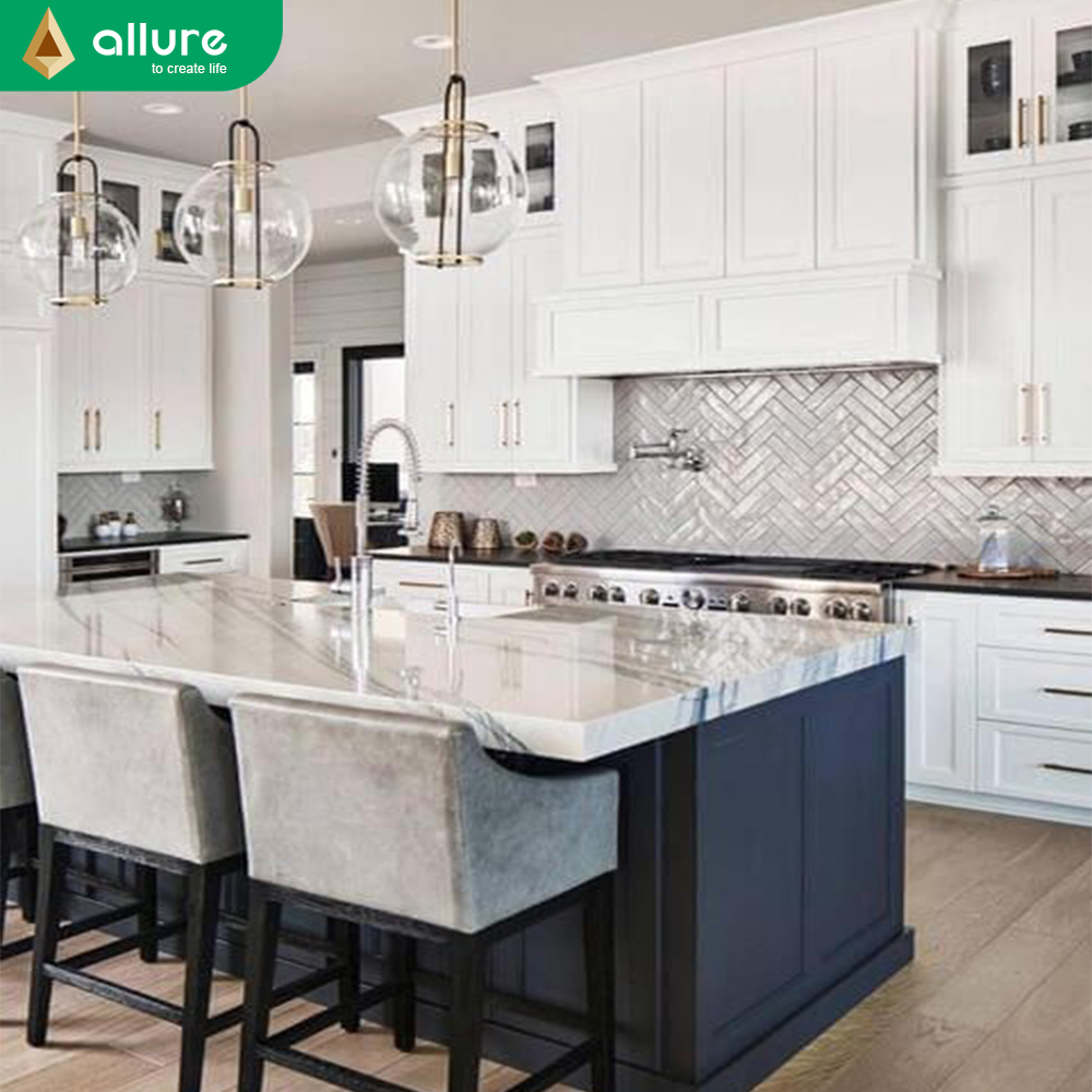 Allure crown mouldings plate water resistant white shaker wood pvc board design kitchen base cabinet