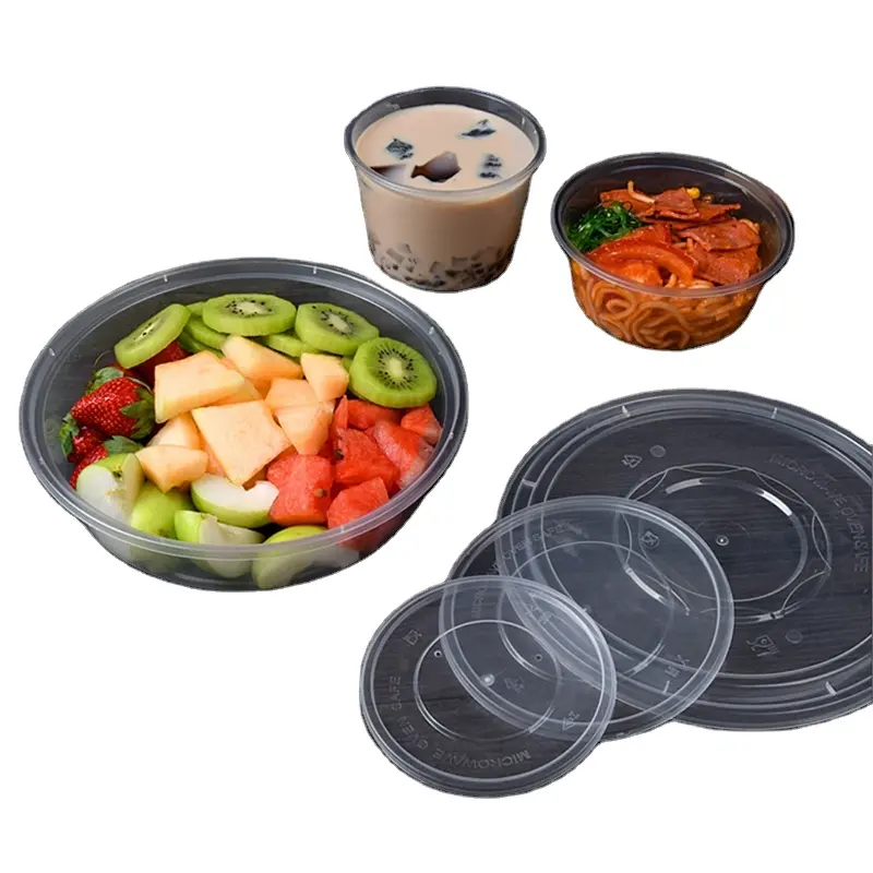 Restoran dereceli PP yuvarlak yiyecek kasesi mikrodalga güvenli To-Go gıda depolama için kapaklı kutu tek kullanımlık sofra