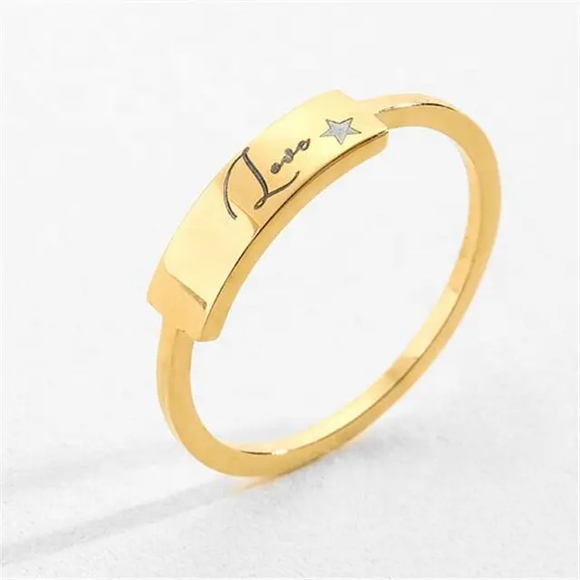 Yiwu Aceon Stainless Steel Signature Personalized Engraved Narrow Band Top Curved ID Bar Rectangular Information Ring