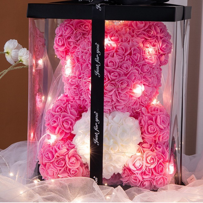 Ours en peluche 25 cm, 5 roses, cœur blanc + Boîte cadeau + Lampe