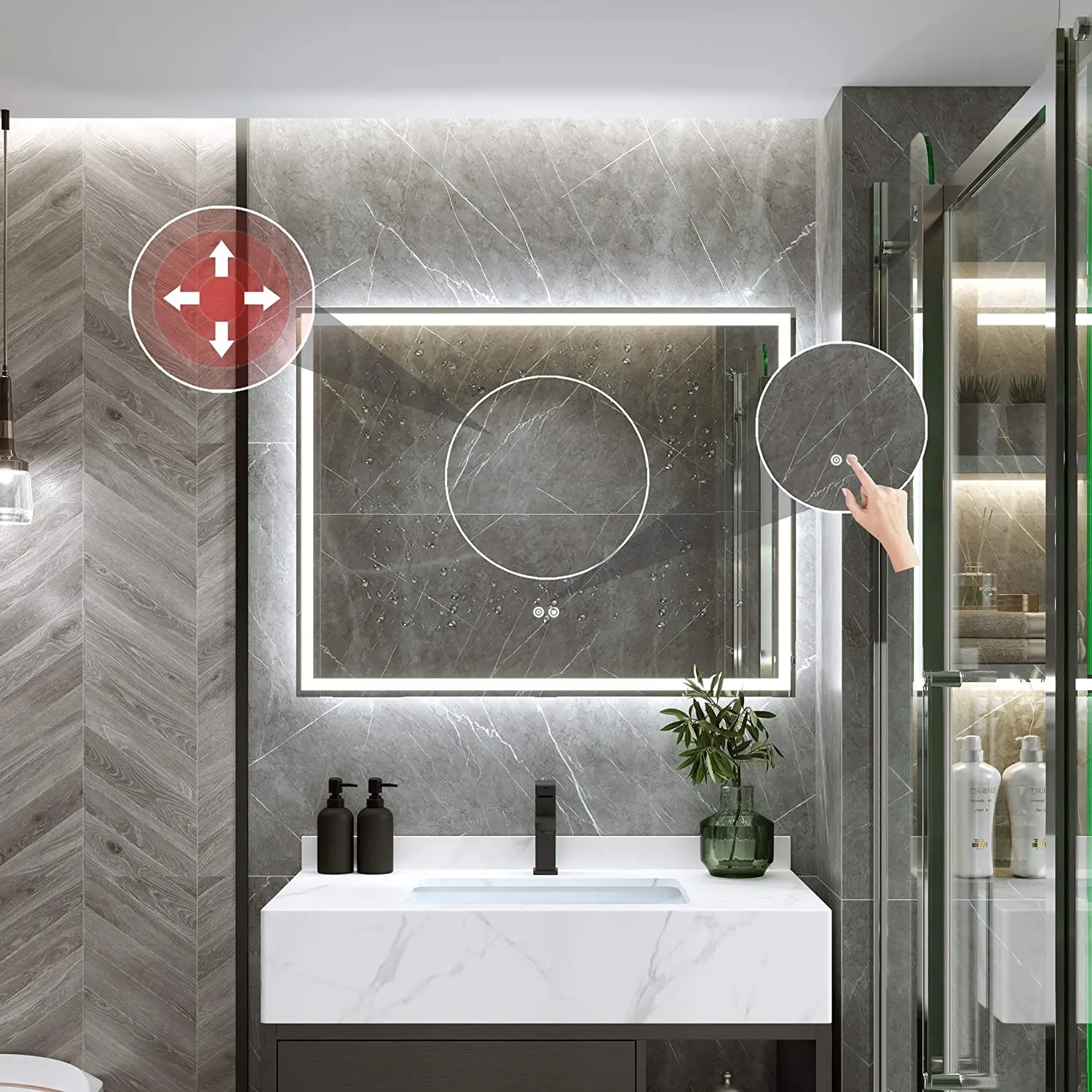 Espejo de baño LED de maquillaje antiniebla Bluetooth táctil inteligente mágico rectangular personalizado para hotel y hogar