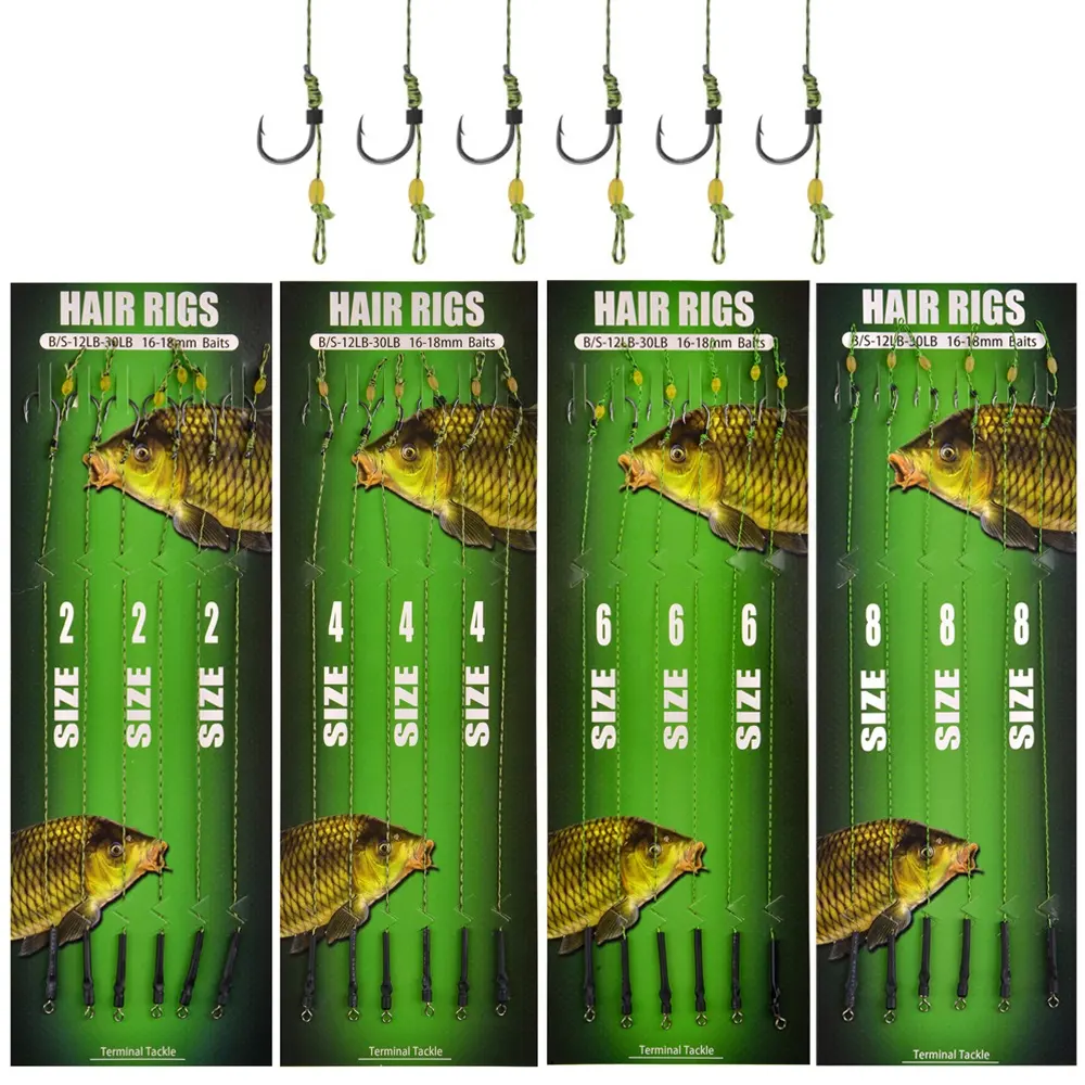 24 Stück Leader Carp Angelhaken Haar Rigs mit geflochtener Schnur Größe 2/4/6/8 # Karpfen angeln Ready Made Tied Rigs Terminal Tackle