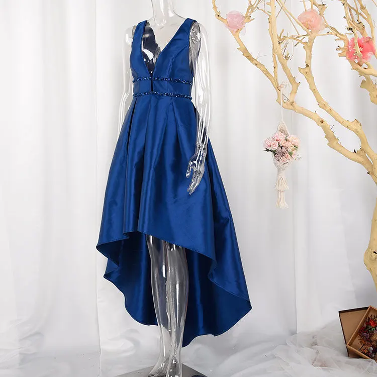 Wholesale high low fashion pleated maxi deep v neck evening dress satin asymmetrical royal blue dresses lady elegant for women
