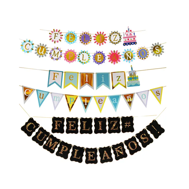 Speciale Ontwerp Wijnfles Bloem Cake Vlag Gelukkige Verjaardag Bronzing Brief Banner In Spaans