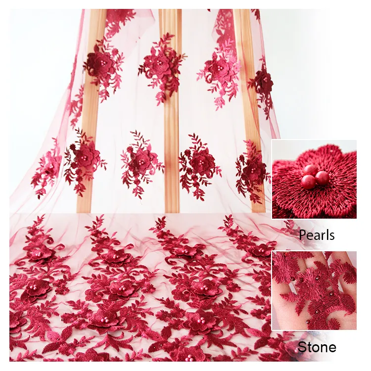 Nouvelle sortie d'usine broderie avec perles 3D, tissu en dentelle, avec des appliques de fleurs, Voile pour fabrication de robe, 2022