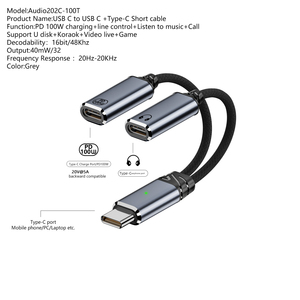 Cable de nailon para auriculares 2 en 1 PD 100W Tipo-c macho a tipo C hembra Cable de datos corto Conector de audio de sonido Hi-Fi para almohadilla de teléfono - Product Image 6