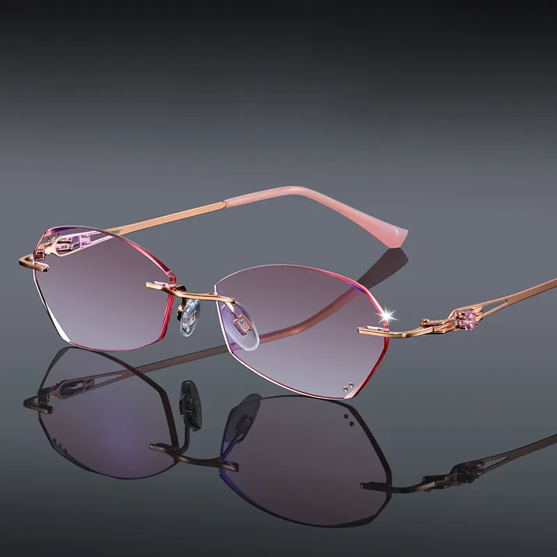 Gafas de lectura con corte de diamante sin montura para hombre y mujer, lentes Hd anti-blu-ray de lujo con gradiente, marcos de diseñador para gafas