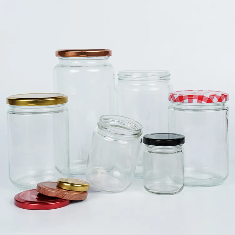 Frasco de vidro redondo com tampa de rosca de lata para legumes em conserva, amostra grátis de fábrica de 75 a 380 ml, pote de mel personalizado de qualidade alimentar, pote de vidro com tampa de rosca