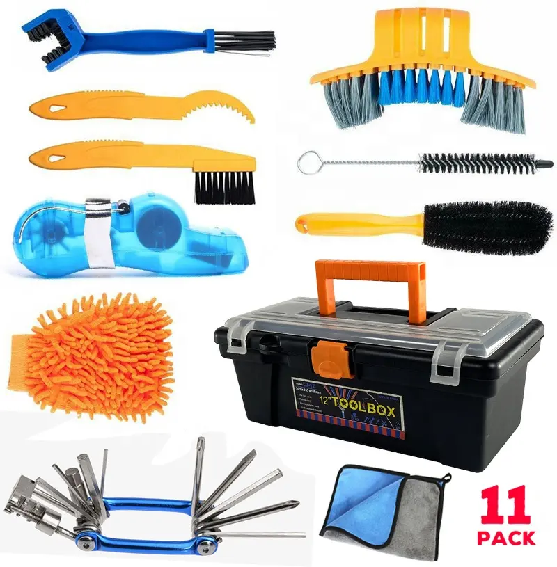 Professionele Groothandel Oem 11 Pcs Bike Chain Cleaner Precisie Fiets Schoonmaken Tool Set Fietsen Borstels Kit Met Toolkits