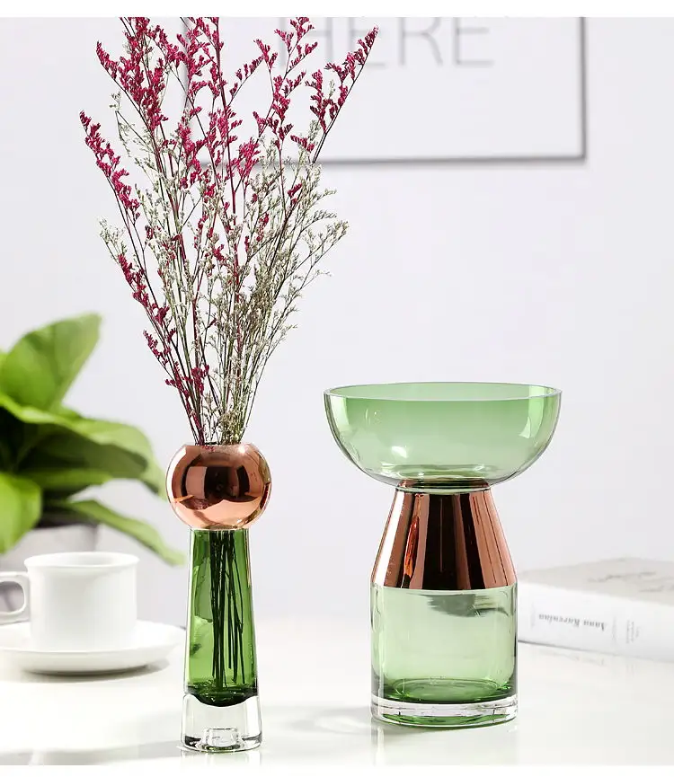 Florero nórdico de cristal verde para decoración de sala de estar, jarrón nórdico moderno para Decoración de mesa