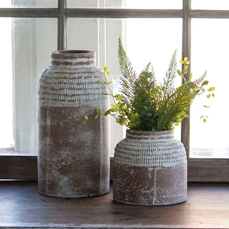 Pastoral vaso de flores para decoração, vasos de flores esculpidos à mão no atacado de terracota, vaso de cilindro para decoração de casa