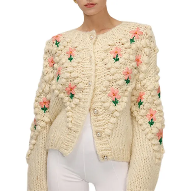 Otoño mujer grueso Mohair lana palo crochet lana bola bordada suéteres moda abotonado señoras suéter cárdigan