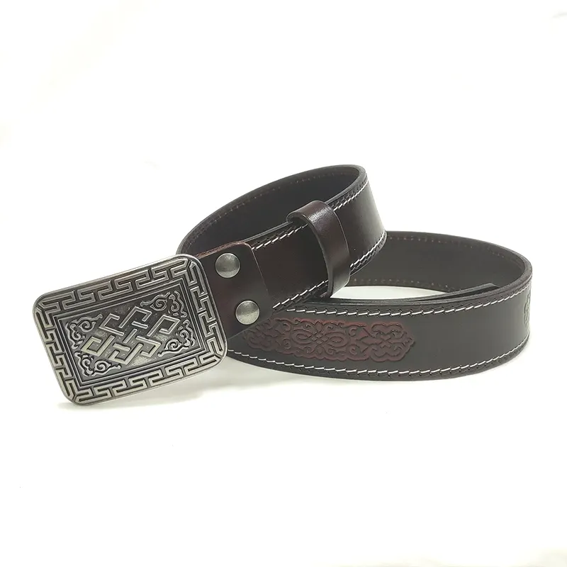 Simple rétro hommes taille ceinture vache ceinture en relief fleur motif en cuir véritable 105cm alliage Punk Rock BL vache cacher 2 pièces CN;GUA