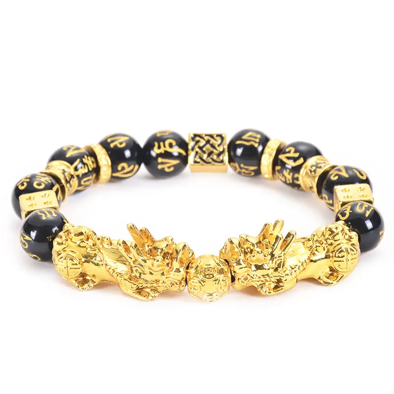 Accessori moda imitare ossidiana Pixiu bracciale sei caratteri Mantra perlina d'oro trasbordo bracciali Feng Shui fortunato
