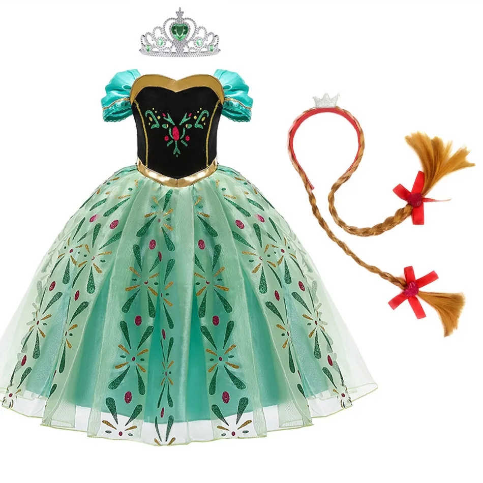 Anna Dress per la Ragazza Cosplay Snow Queen Principessa Bambini Costume di Halloween Vestiti Per Bambini Di Compleanno di Carnevale Fancy Dress e Parrucca