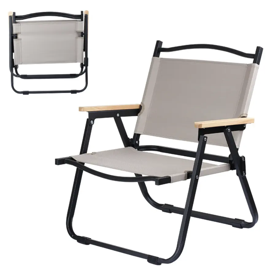 Kursi kermit lipat portabel, untuk piknik luar ruangan pola kayu bingkai aluminium