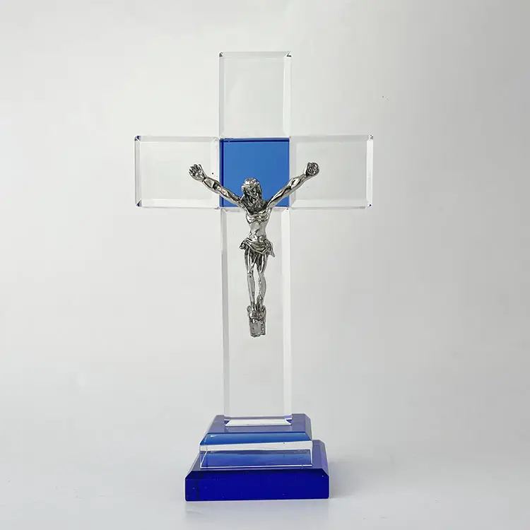 Cruz de cristal azul con Jesús regalo cristiano MH-15037