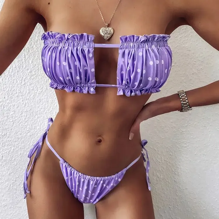 2024 nuevo Sexy Fold Polka Hollow Beach Bikini sin tirantes Hawaii vacaciones mujeres traje de baño conjunto de 2 piezas