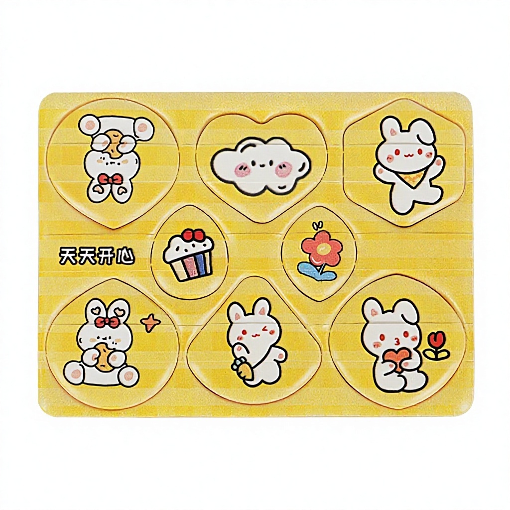 Juego de ocho piezas de conejo amarillo rectangular.