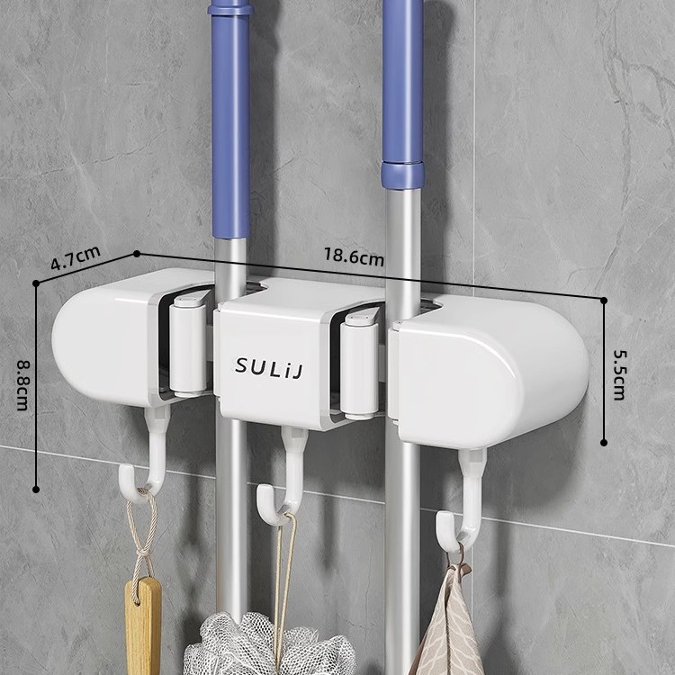 Adhesive Mop Holder - Ivory White - 2 Clips & 3 Hooks