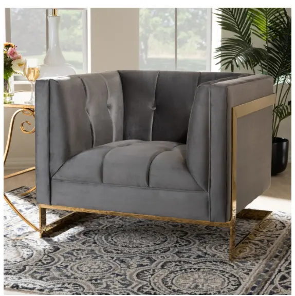 Odern-Sillón tapizado de terciopelo gris para el hogar, muebles dorados tapizados con botones