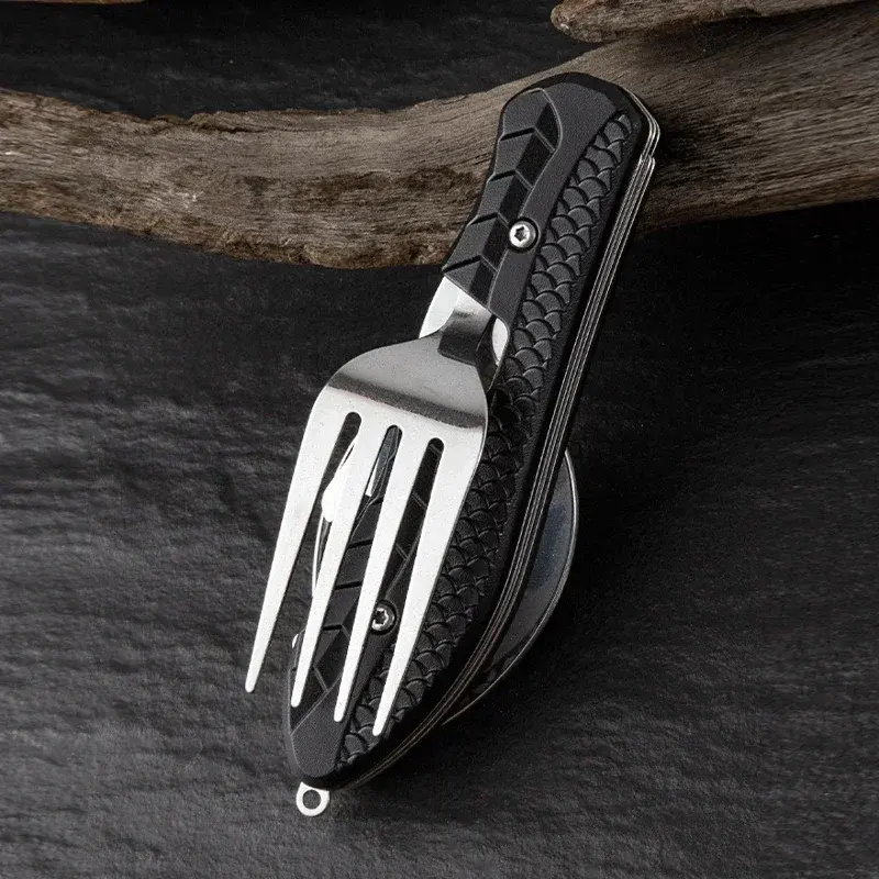 Vajilla multifuncional 4 en 1 para exteriores, tenedor plegable de acero inoxidable, cuchara, cuchillo, Picnic, Camping, senderismo, vajilla de viaje