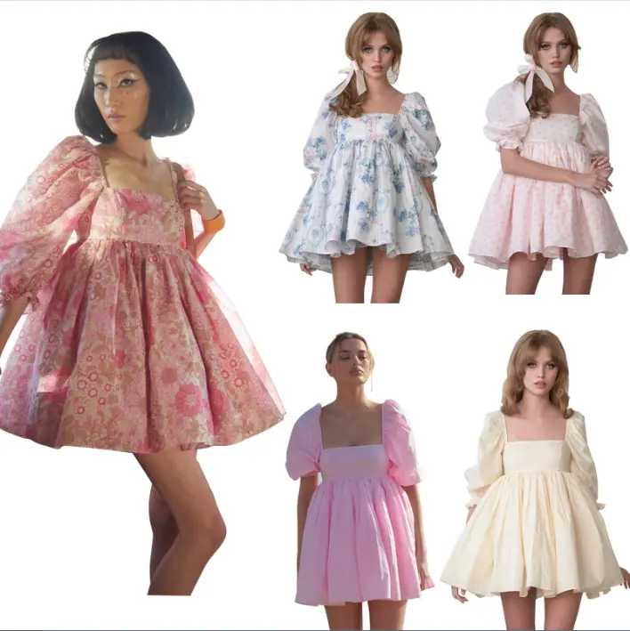 2022 Hot Sale Women Pink Elegant Floral Printed Organza Tutu Skirt Ins Hot Young Girls Cap Sleeve Yellow Mini Princess Dresses
