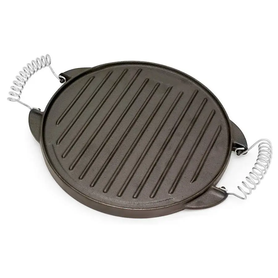 Pre-seasoned round camping cookout griddle baking pan 26cm double-purpose barbecue pan cast iron grill pan with spring handles
