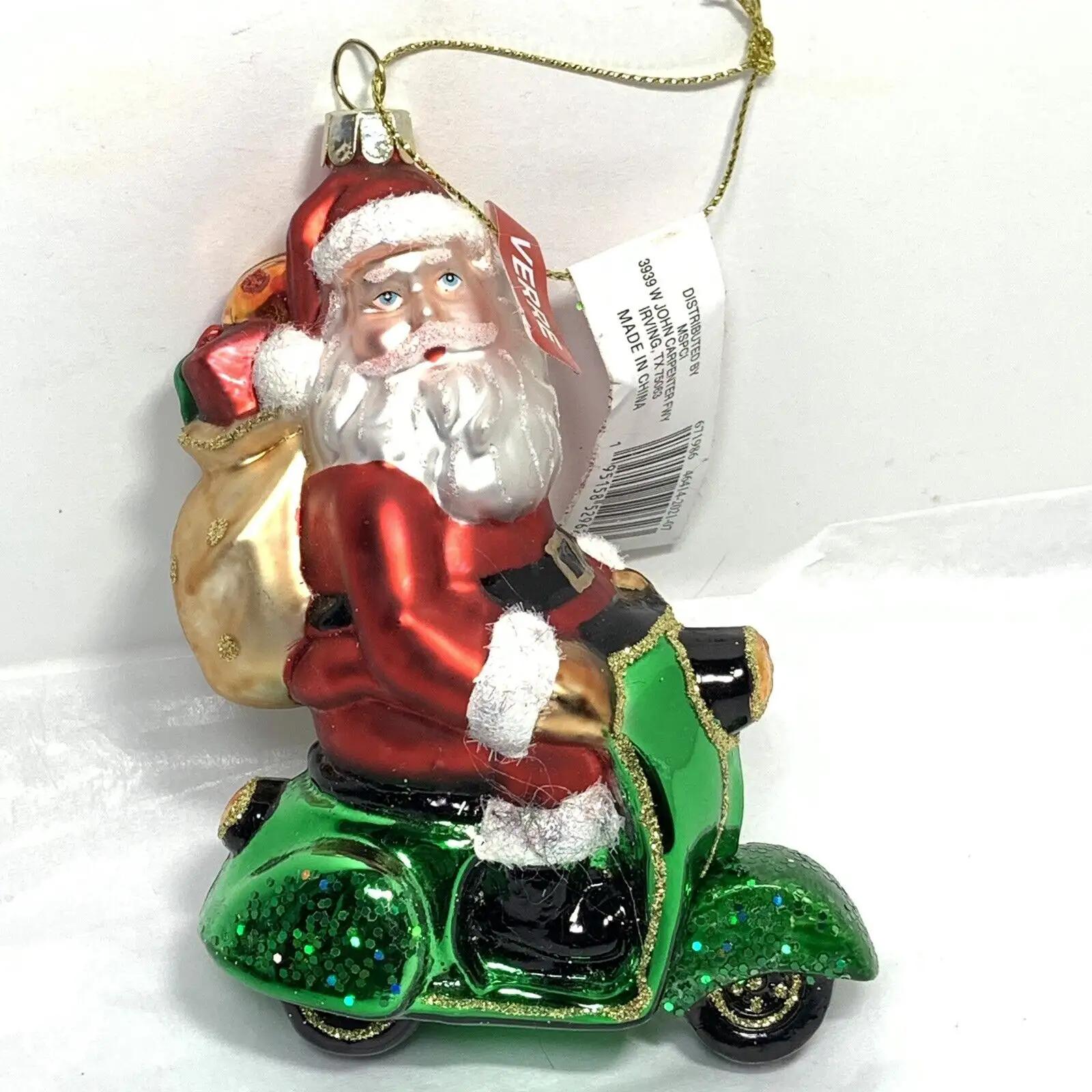 زينة عيد الميلاد سانتا كلوز الزجاجية على الدراجة النارية من NOXINDA شنطة هدايا ذهبية خضراء لامعة زينة تعلق في العلبة