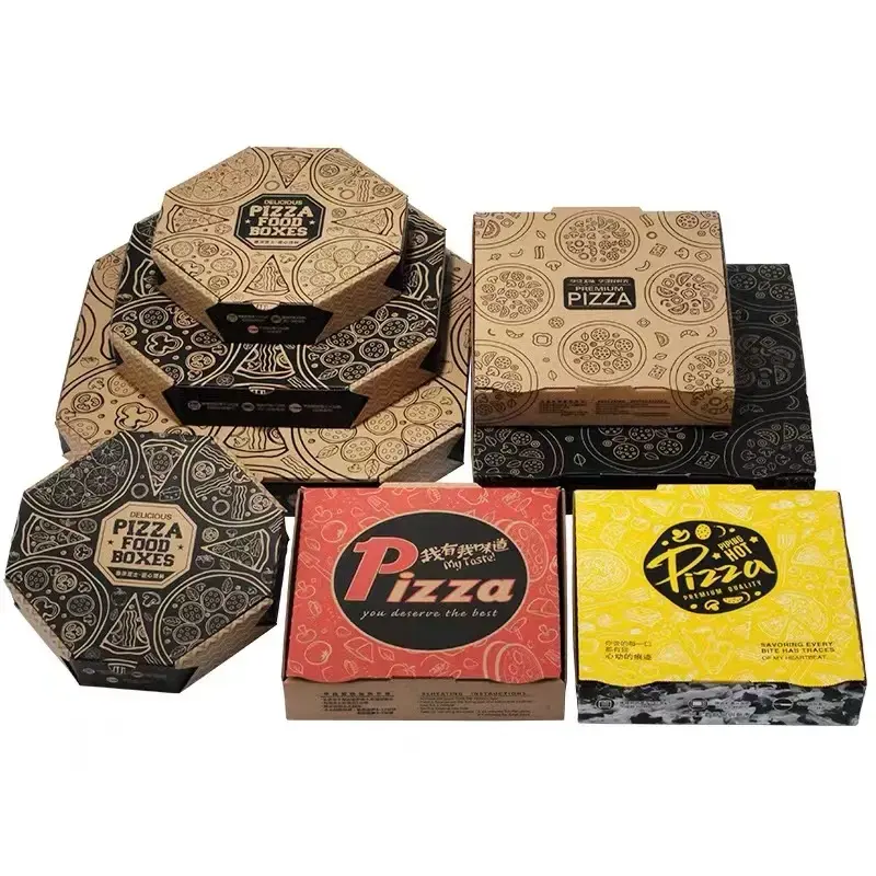 Venta al por mayor E flute-cajas de Pizza con impresión personalizada, color negro, cartón de comida rápida, embalaje de Pizza, 12 pulgadas