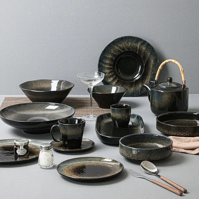 Современные нестандартные фарфоровые тарелки на заказ в скандинавском стиле, 72 шт., 24 шт., черные тарелки, роскошный обеденный набор