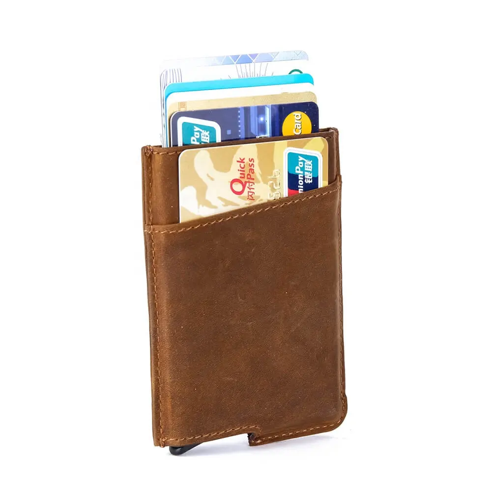 Carteira masculina de couro com proteção rfid, carteira compacta masculina feita em couro com presilha para dinheiro magnética de alumínio rfid