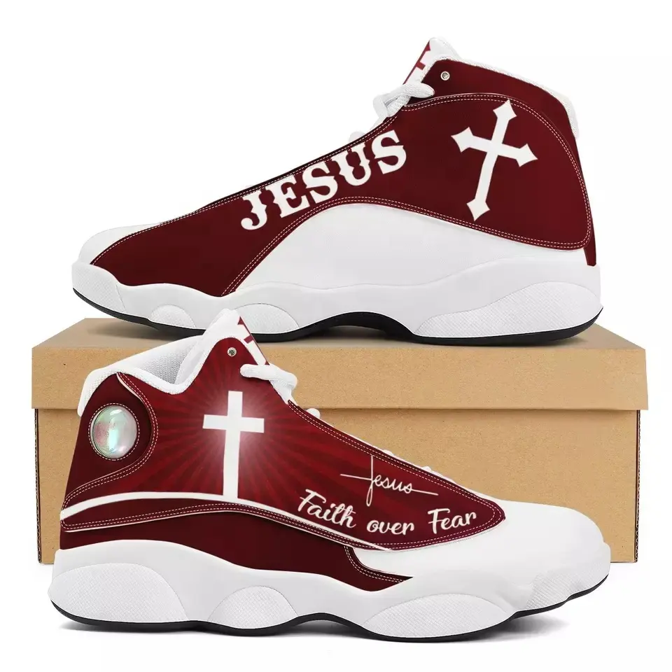 Calçado Vermelho Escuro Jesus Fé Sobre Medo Design De Luxo Menino Tênis Tênis Running Shoes Esfera Personalizada Homens Impressão Sob Demanda Sapatos