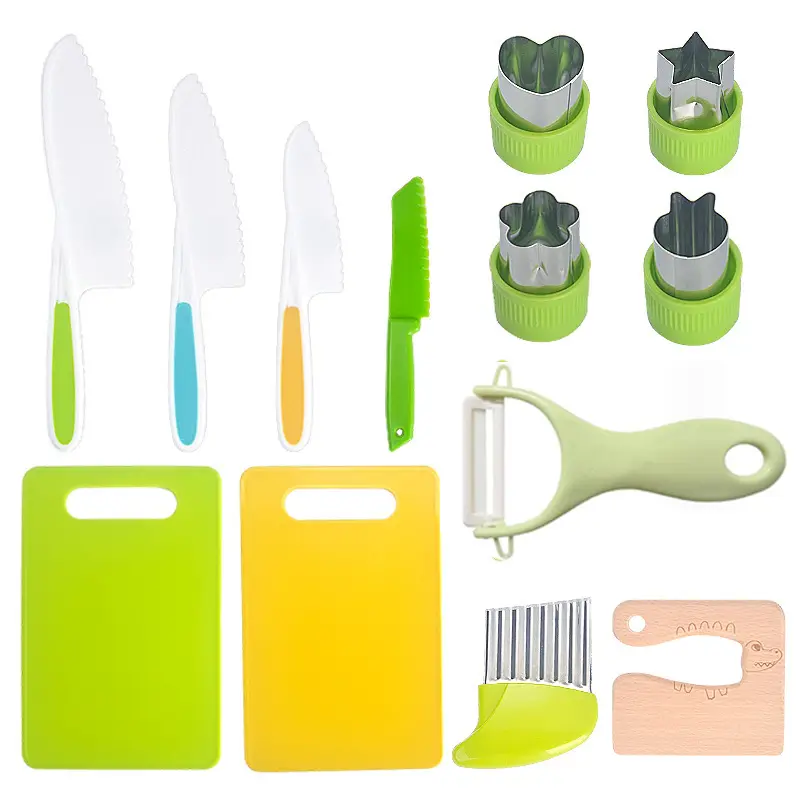 Coltelli per bambini per la vera cucina, in legno per bambini Set di coltelli con guanti tagliere frutta verdura taglierine in plastica per bambini