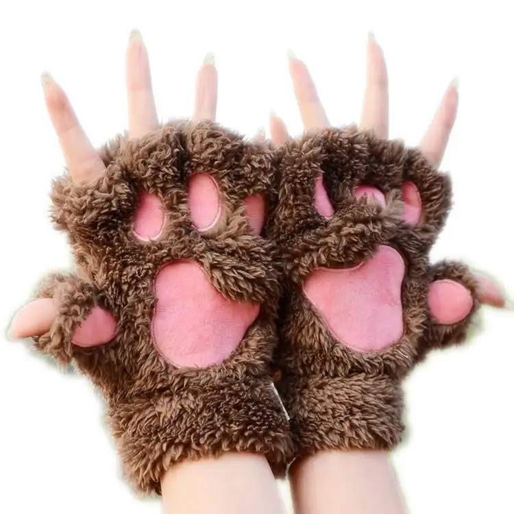 ถุงมือครึ่งนิ้วขนฟูสำหรับเด็กผู้หญิง,ถุงมือกรงเล็บหมีตุ๊กตาอุ้งเท้าถุงมือให้ความอบอุ่นในฤดูหนาวถุงมือไร้นิ้ว