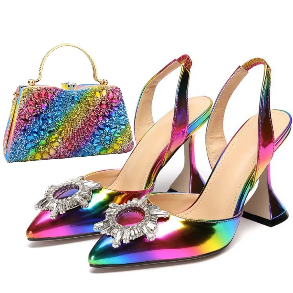 QuiteS Rainbow Shoes Para Combinar Bag Set Mulheres Partido Sapatos Set Strass Pontudo Salto Alto Sapatos E Sacos Set Para As Mulheres