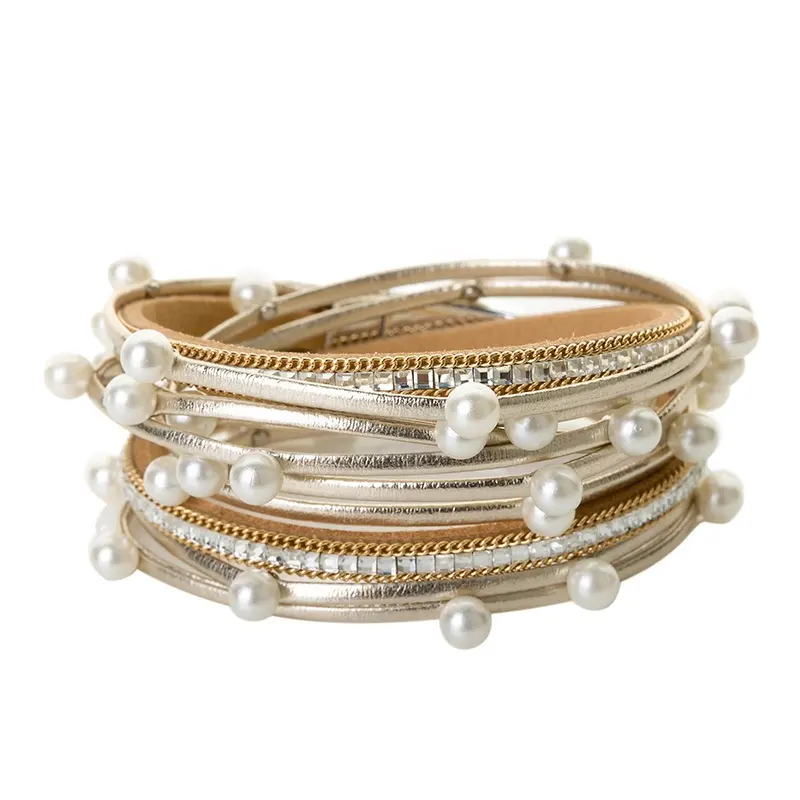 Penjualan laris gelang kulit multilapis Double Wrap untuk wanita dengan perhiasan gelang manik-manik mutiara