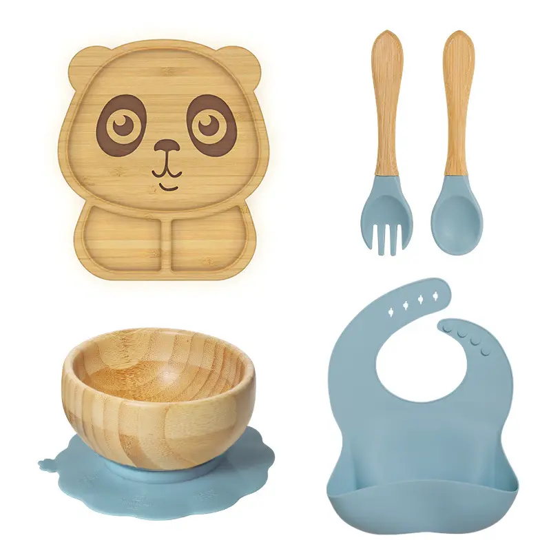 Set alat makan bayi, hewan bentuk hewan bambu kelas makanan makan malam kayu Set piring hisap bambu