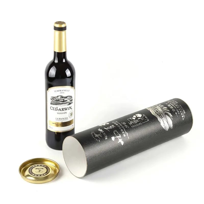 500ml אדום יין בקבוק קרטון אריזת גליל נייר תיבת זהב מתכת מכסה נייר צינור סיטונאי יצרן