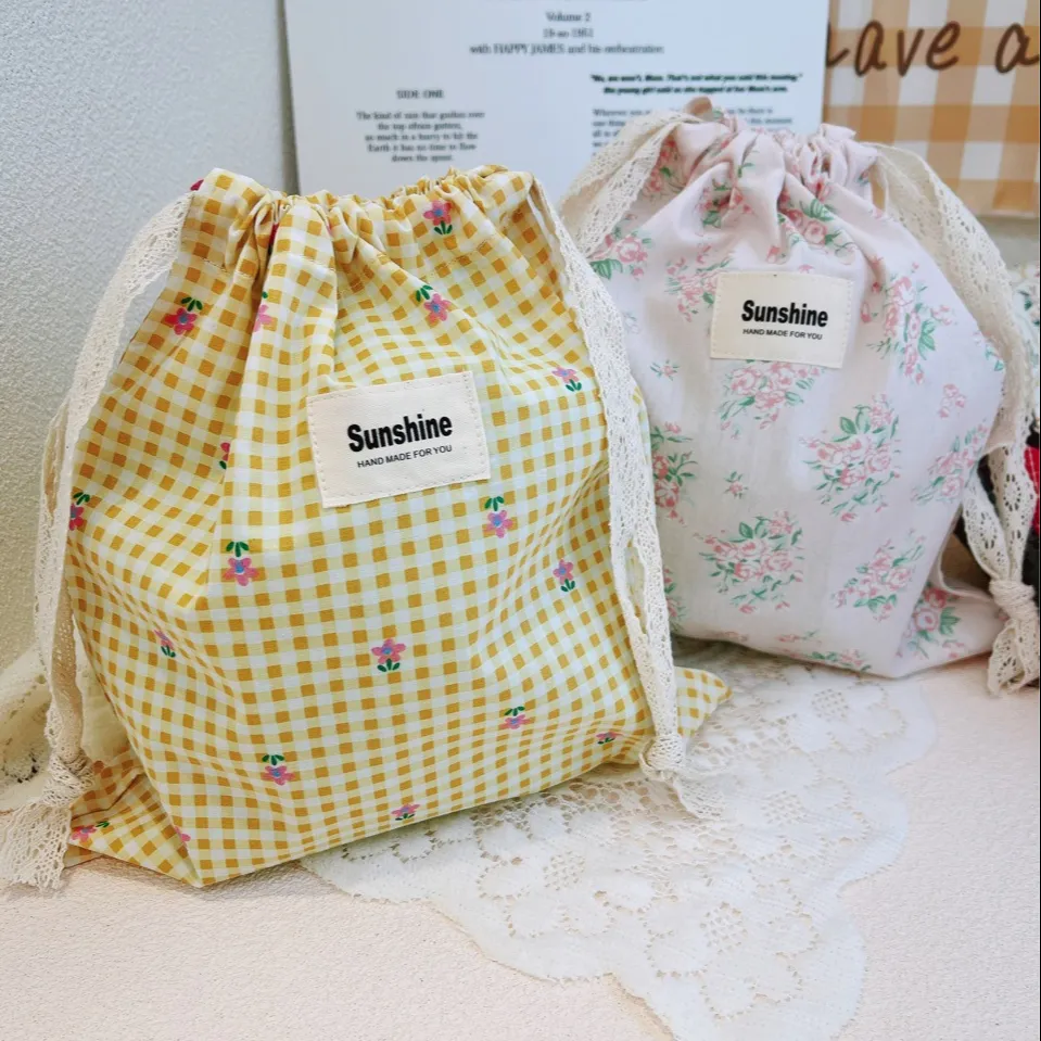 Tela de encaje pastoral floral, bolsas de almacenamiento grandes plegables, bolsa de maquillaje con cordón de algodón para viajes en casa