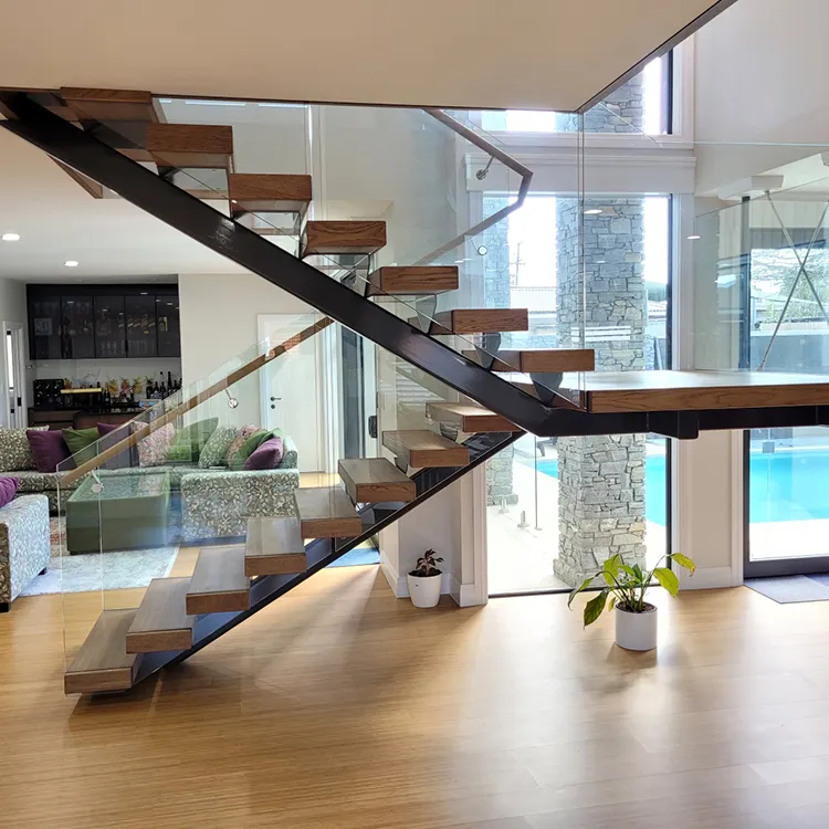 Escalier intérieur simple en acier Mono Stringer Escalier droit Escaliers modernes en bois en acier inoxydable