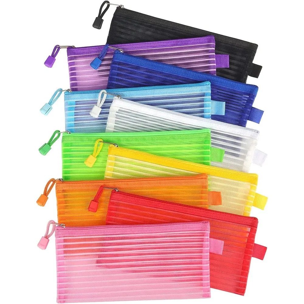 Fermuar örgü kese kalem kılıfı renkli kalem çantası ofis malzemeleri seyahat saklama torbaları için çok amaçlı