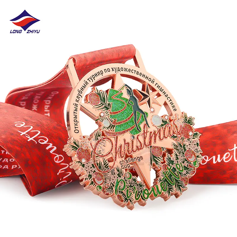 Longzhiyu personalizado 2022 esmalte suave redondo Metal grabado árbol de Navidad medalla con cinta ahueca hacia fuera el medallón