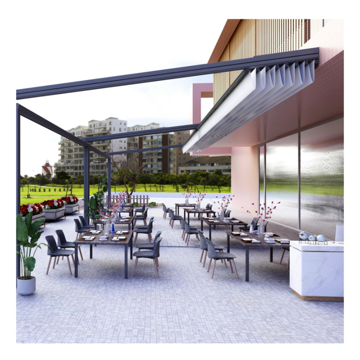 Pérgola de exterior completamente automática, toldo de techo retráctil con luz LED para patio y restaurante