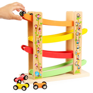 1〜2歳の男の子と女の子のための幼児用おもちゃ木製レーストラックカーランプレーサーミニ車4台付き - Product Image 3